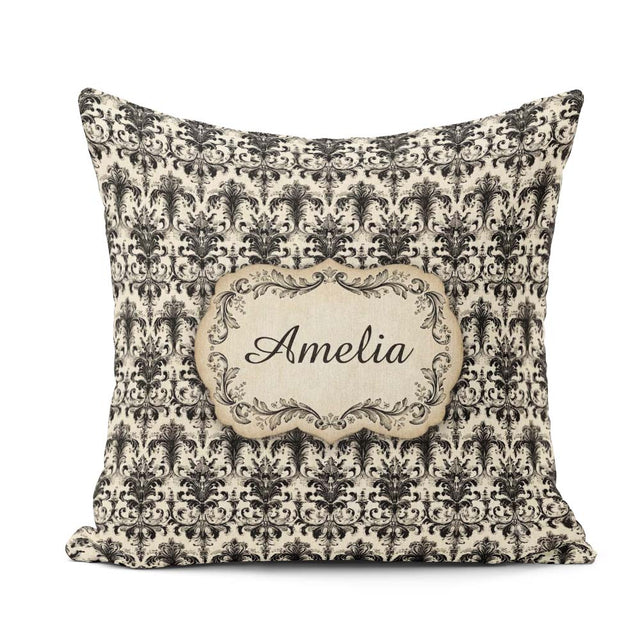 Custom Name Antique Ivory Black Detailed Baroque Floral Seamless Square Filled Cushion Throw Pillow Sofa Bed Home Decor Zip Washable UK Made