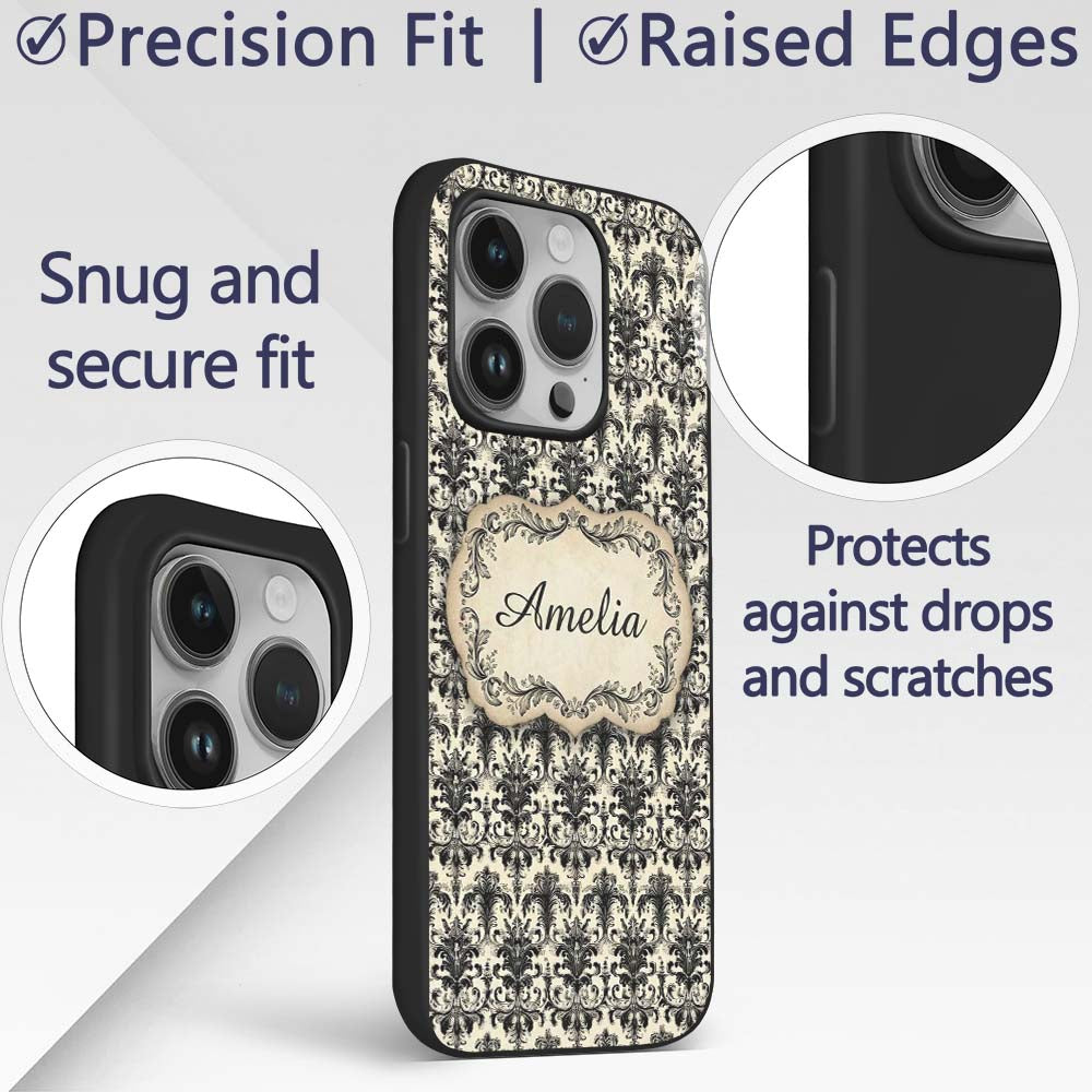 Antique Ivory Black Detailed Decorative Design Custom Name Protective Phone Case Mobile Cover Durable Everyday Smartphone Shock Resistant