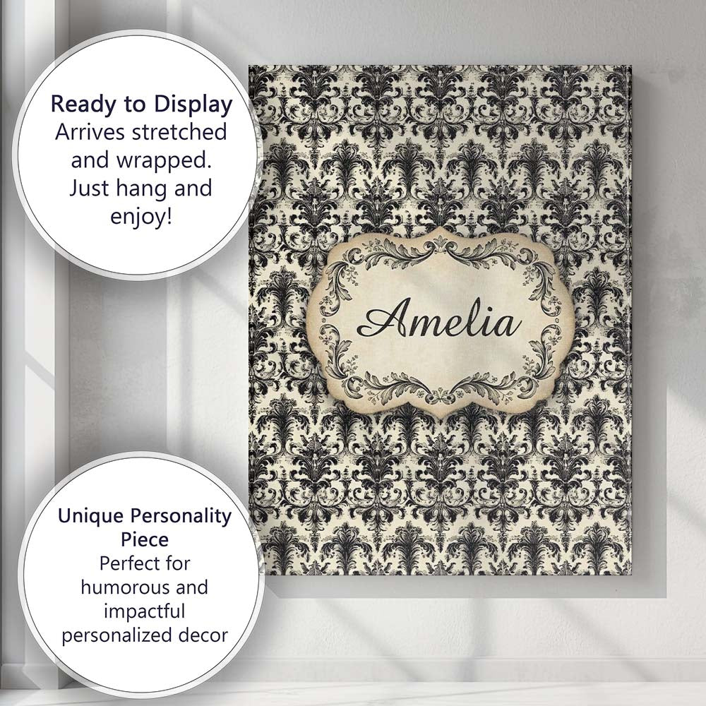 Personalised Name Antique Ivory Black Custom Modern Room Accent Creative Decorator Style Canvas Wall Art Print Decor Picture Ready to Hang