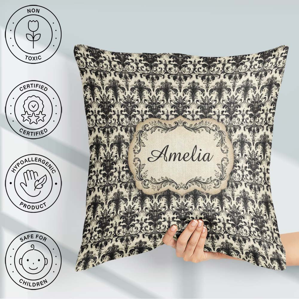 Custom Name Antique Ivory Black Detailed Baroque Floral Seamless Square Filled Cushion Throw Pillow Sofa Bed Home Decor Zip Washable UK Made