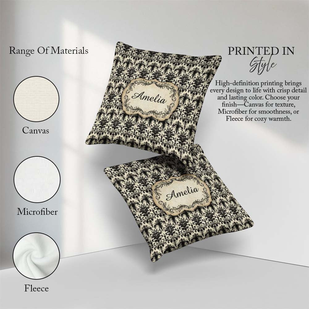 Custom Name Antique Ivory Black Detailed Baroque Floral Seamless Square Filled Cushion Throw Pillow Sofa Bed Home Decor Zip Washable UK Made