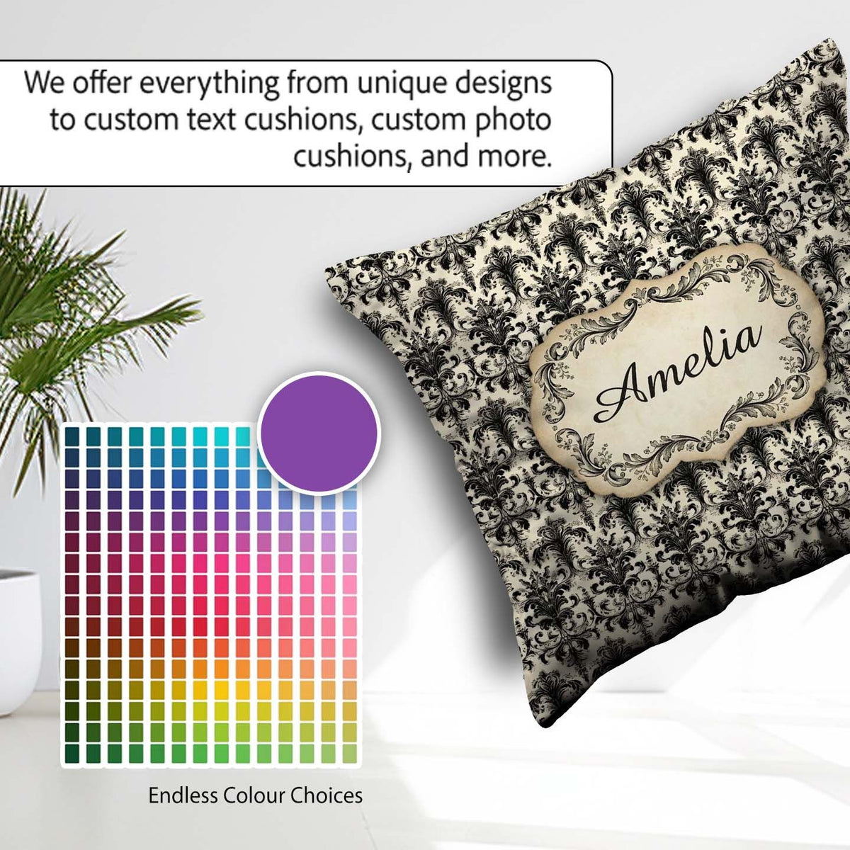 Custom Name Antique Ivory Black Detailed Baroque Floral Seamless Square Filled Cushion Throw Pillow Sofa Bed Home Decor Zip Washable UK Made