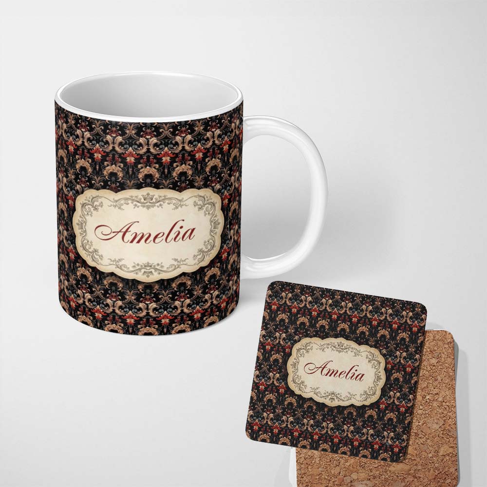 Personalized Custom Name Luxury Black Red Gold Ornate Baroque Damask Seamless Pattern Name 11oz Ceramic Coffee Tea Mug White Large Handle