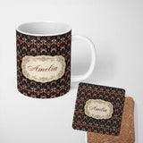 Personalized Custom Name Luxury Black Red Gold Ornate Baroque Damask Seamless Pattern Name 11oz Ceramic Coffee Tea Mug White Large Handle