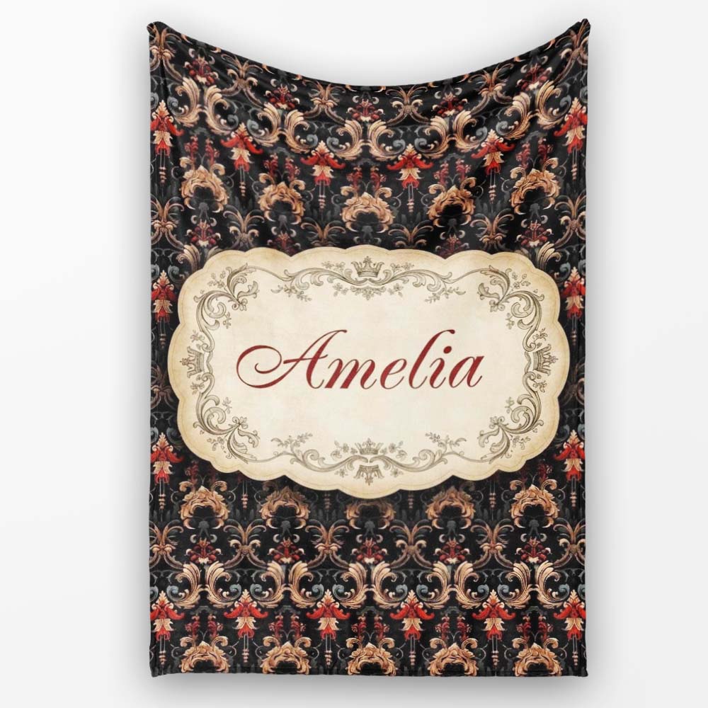Luxury Black Red Gold Ornate Baroque Damask Seamless Pattern Name  Personalised Custom Name Super Soft Fleece Blanket Bed Sofa Throw