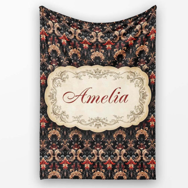 Luxury Black Red Gold Ornate Baroque Damask Seamless Pattern Name  Personalised Custom Name Super Soft Fleece Blanket Bed Sofa Throw
