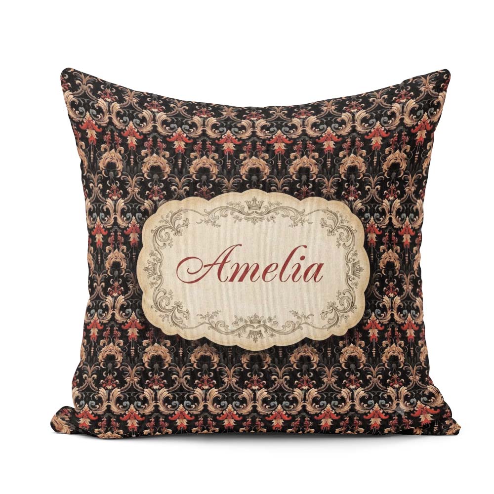 Custom Name Luxury Black Red Gold Ornate Baroque Damask Seamless Square Filled Cushion Throw Pillow Sofa Bed Home Decor Zip Washable UK Made