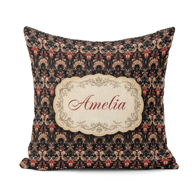 Custom Name Luxury Black Red Gold Ornate Baroque Damask Seamless Square Filled Cushion Throw Pillow Sofa Bed Home Decor Zip Washable UK Made