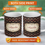Personalized Custom Name Luxury Black Red Gold Ornate Baroque Damask Seamless Pattern Name 11oz Ceramic Coffee Tea Mug White Large Handle