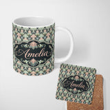 Personalized Custom Name Pastel Mint Pink Vintage Damask Floral Seamless Pattern Name Cute 11oz Ceramic Coffee Tea Mug White Large Handle