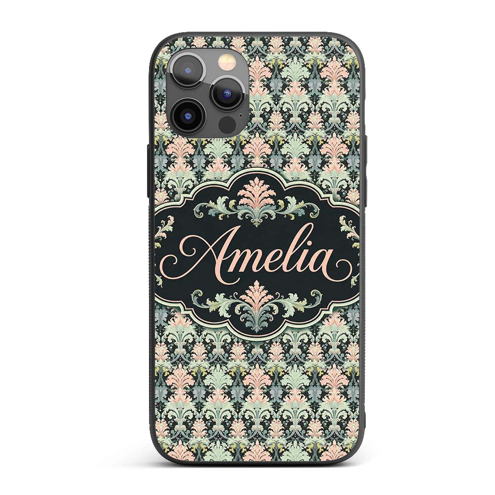 Pastel Mint Pink Vintage Damask Floral Seamless Custom Name Protective Phone Case Mobile Cover Durable Everyday Smartphone Shock Resistant