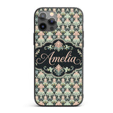 Pastel Mint Pink Vintage Damask Floral Seamless Custom Name Protective Phone Case Mobile Cover Durable Everyday Smartphone Shock Resistant