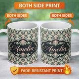 Personalized Custom Name Pastel Mint Pink Vintage Damask Floral Seamless Pattern Name Cute 11oz Ceramic Coffee Tea Mug White Large Handle