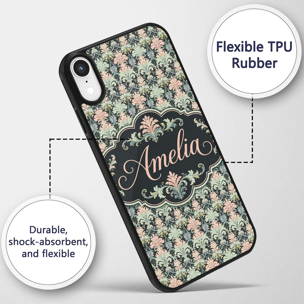 Pastel Mint Pink Vintage Damask Floral Seamless Custom Name Protective Phone Case Mobile Cover Durable Everyday Smartphone Shock Resistant