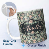 Personalized Custom Name Pastel Mint Pink Vintage Damask Floral Seamless Pattern Name Cute 11oz Ceramic Coffee Tea Mug White Large Handle