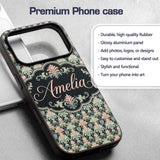 Pastel Mint Pink Vintage Damask Floral Seamless Custom Name Protective Phone Case Mobile Cover Durable Everyday Smartphone Shock Resistant