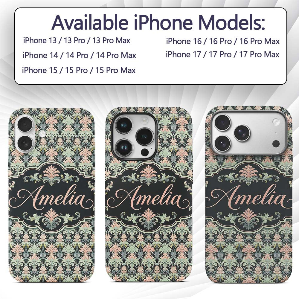 Pastel Mint Pink Vintage Damask Floral Seamless Custom Name Protective Phone Case Mobile Cover Durable Everyday Smartphone Shock Resistant