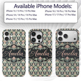 Pastel Mint Pink Vintage Damask Floral Seamless Custom Name Protective Phone Case Mobile Cover Durable Everyday Smartphone Shock Resistant