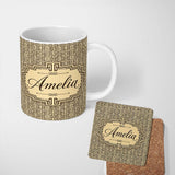 Personalized Custom Name Beige Brown Abstract Geometric Maze Seamless Pattern Name Cute 11oz Ceramic Coffee Tea Mug White Large Handle