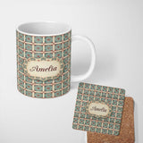 Personalized Custom Name Teal Red Oriental Tile Geometric Square Seamless Pattern Name Cute 11oz Ceramic Coffee Tea Mug White Large Handle