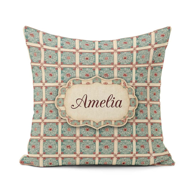 Custom Name Teal Red Oriental Tile Geometric Square Pattern Name Square Filled Cushion Throw Pillow Sofa Bed Home Decor Zip Washable UK Made