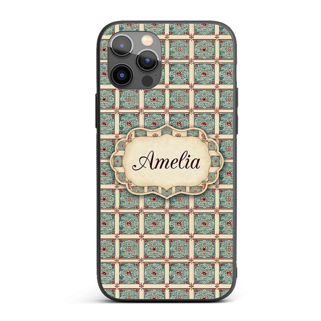 Teal Red Oriental Tile Geometric Square Seamless Custom Name Protective Phone Case Mobile Cover Durable Everyday Smartphone Shock Resistant