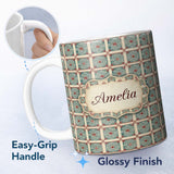Personalized Custom Name Teal Red Oriental Tile Geometric Square Seamless Pattern Name Cute 11oz Ceramic Coffee Tea Mug White Large Handle