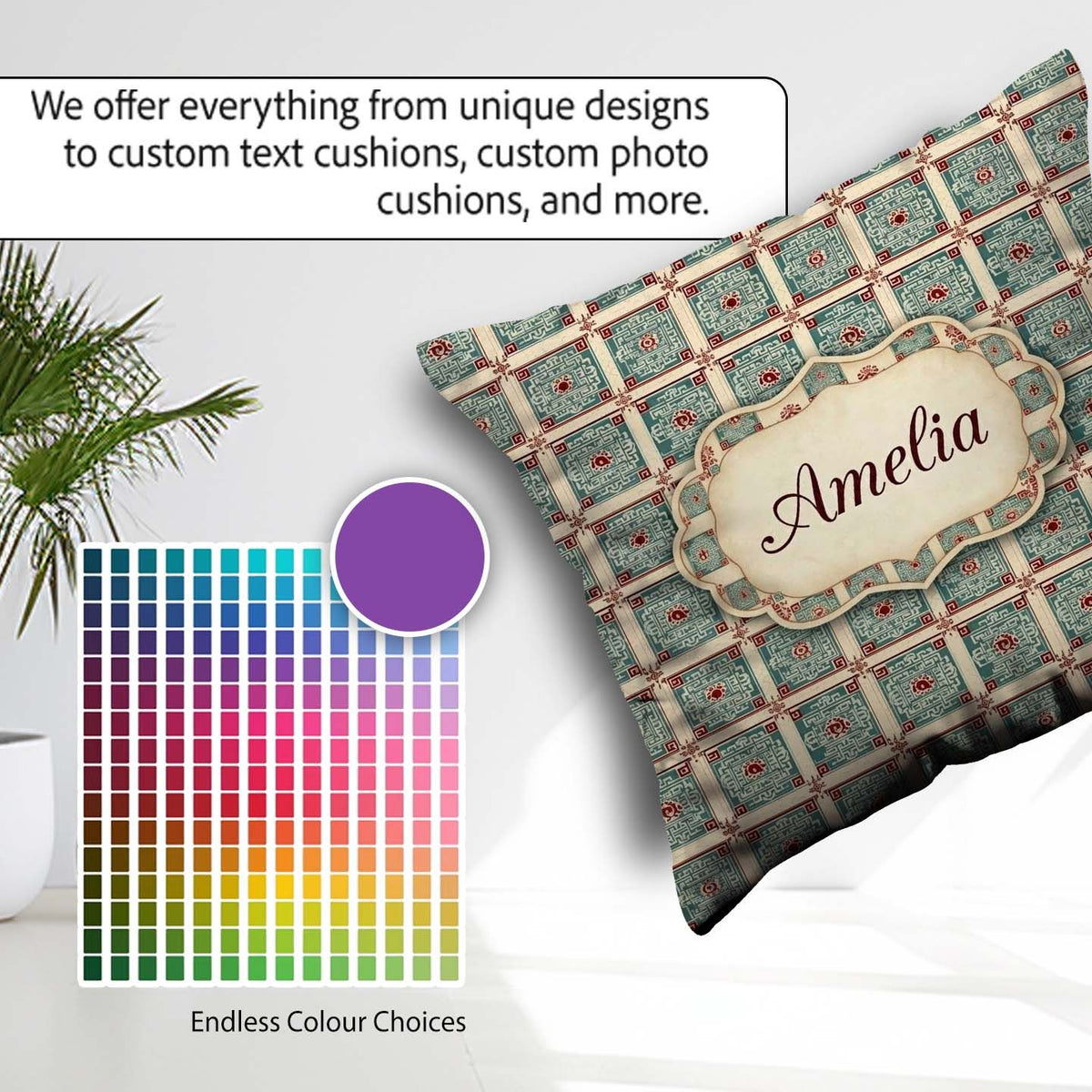 Custom Name Teal Red Oriental Tile Geometric Square Pattern Name Square Filled Cushion Throw Pillow Sofa Bed Home Decor Zip Washable UK Made
