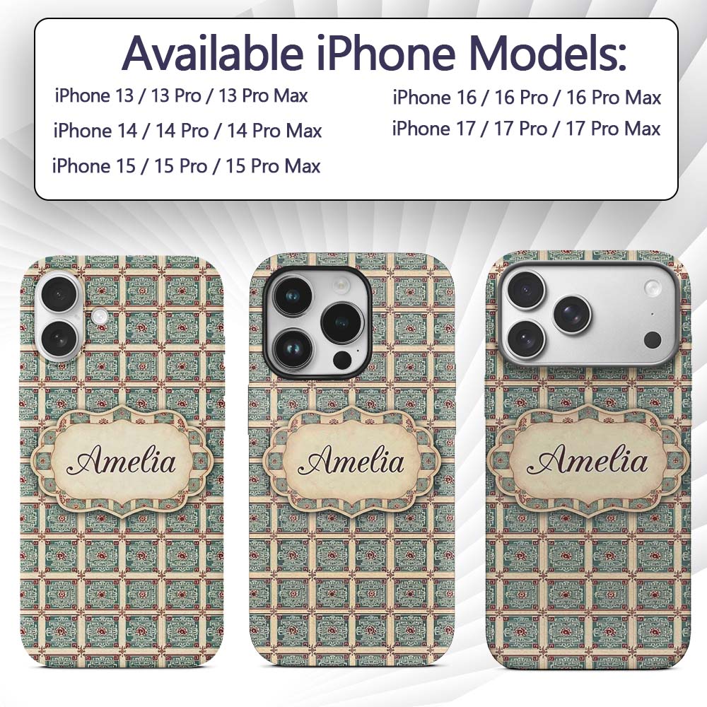 Teal Red Oriental Tile Geometric Square Seamless Custom Name Protective Phone Case Mobile Cover Durable Everyday Smartphone Shock Resistant