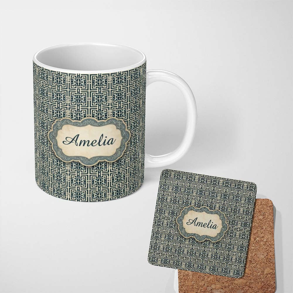 Personalized Custom Name Blue Cream Interlocking Maze Square Seamless Pattern Name Cute 11oz Ceramic Coffee Tea Mug White Large Handle