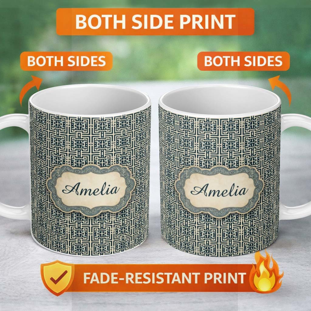 Personalized Custom Name Blue Cream Interlocking Maze Square Seamless Pattern Name Cute 11oz Ceramic Coffee Tea Mug White Large Handle