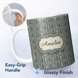 Personalized Custom Name Blue Cream Interlocking Maze Square Seamless Pattern Name Cute 11oz Ceramic Coffee Tea Mug White Large Handle
