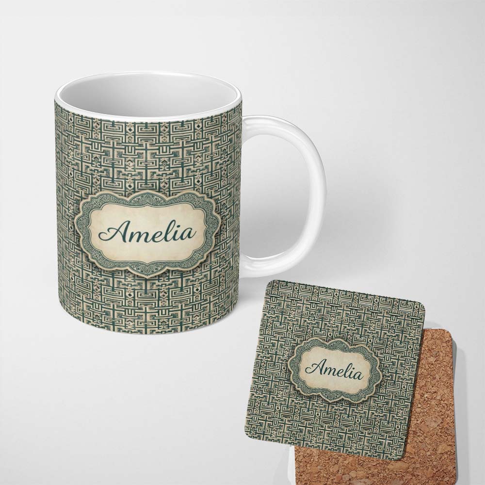 Personalized Custom Name Muted Teal Beige Tribal Geometric Maze Seamless Pattern Name Cute 11oz Ceramic Coffee Tea Mug White Large Handle