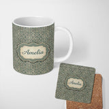 Personalized Custom Name Muted Teal Beige Tribal Geometric Maze Seamless Pattern Name Cute 11oz Ceramic Coffee Tea Mug White Large Handle