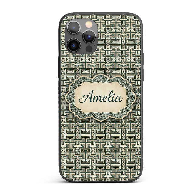Muted Teal Beige Tribal Geometric Maze Seamless Custom Name Protective Phone Case Mobile Cover Durable Everyday Smartphone Shock Resistant