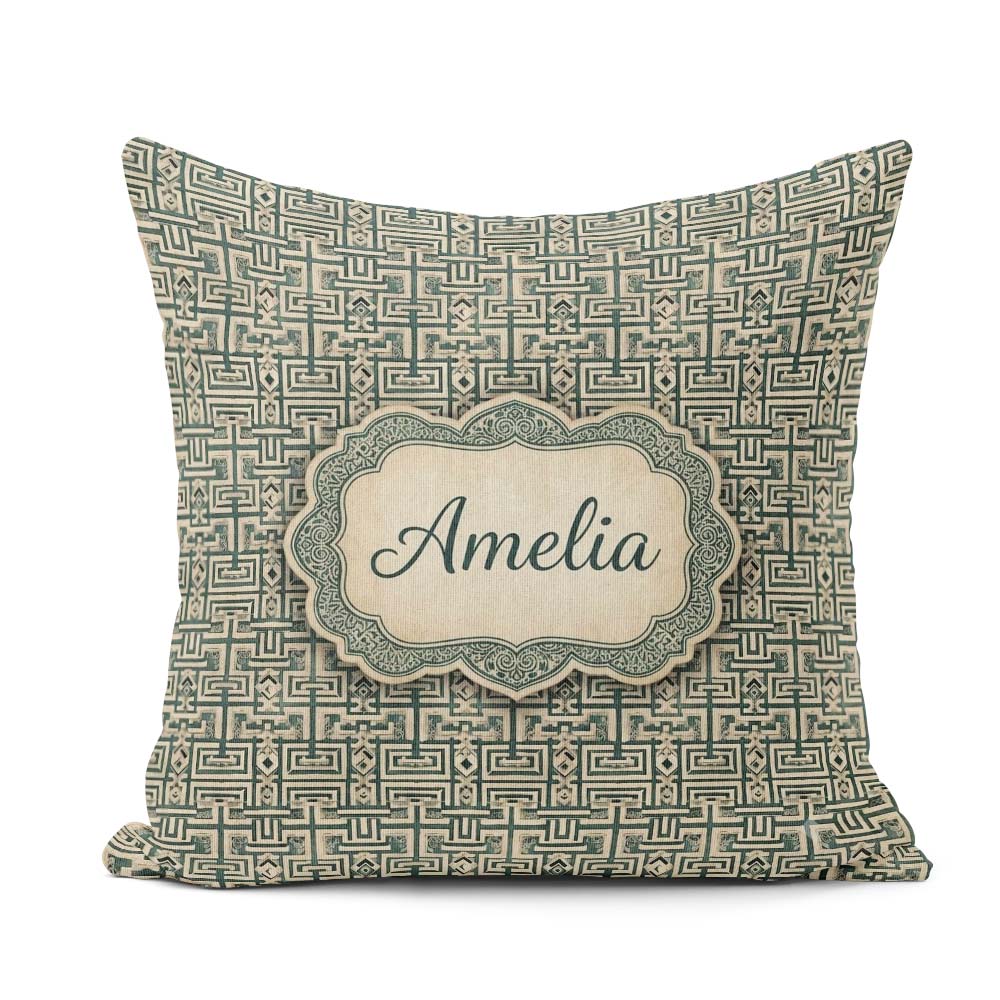 Custom Name Muted Teal Beige Tribal Geometric Maze Seamless Name Square Filled Cushion Throw Pillow Sofa Bed Home Decor Zip Washable UK Made