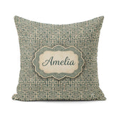 Custom Name Muted Teal Beige Tribal Geometric Maze Seamless Name Square Filled Cushion Throw Pillow Sofa Bed Home Decor Zip Washable UK Made