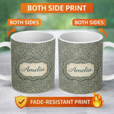 Personalized Custom Name Muted Teal Beige Tribal Geometric Maze Seamless Pattern Name Cute 11oz Ceramic Coffee Tea Mug White Large Handle