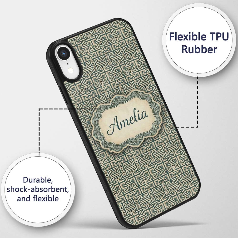Muted Teal Beige Tribal Geometric Maze Seamless Custom Name Protective Phone Case Mobile Cover Durable Everyday Smartphone Shock Resistant