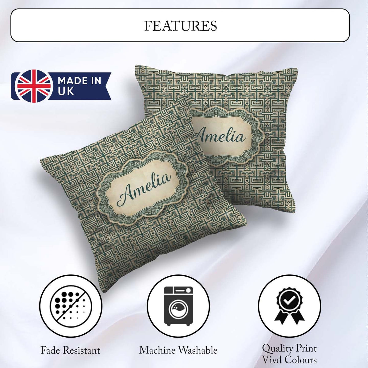 Custom Name Muted Teal Beige Tribal Geometric Maze Seamless Name Square Filled Cushion Throw Pillow Sofa Bed Home Decor Zip Washable UK Made