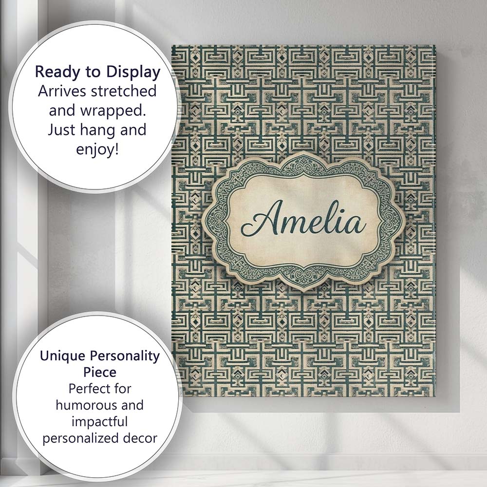 Personalised Name Muted Teal Beige Tribal Custom  Unique Gift Idea Elegant Feature Canvas Wall Art Print Decor Picture Ready to Hang