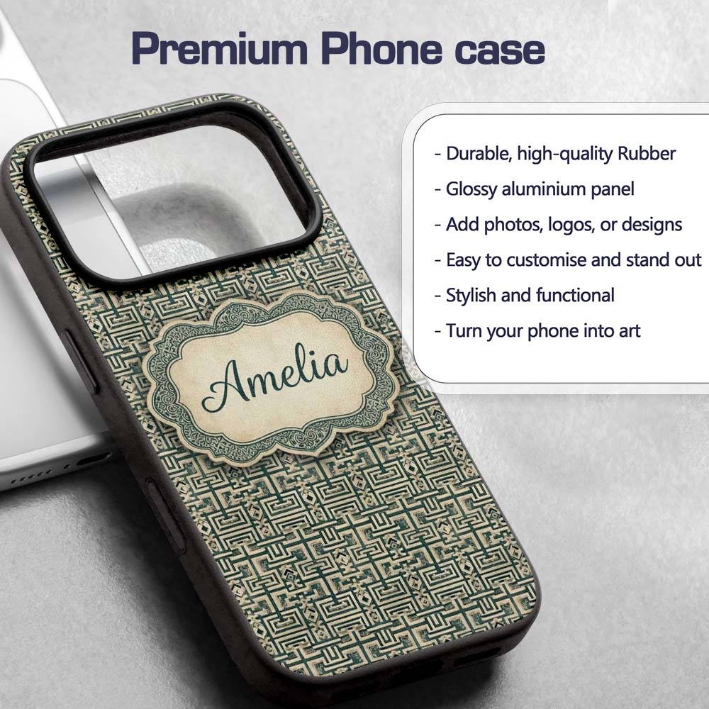 Muted Teal Beige Tribal Geometric Maze Seamless Custom Name Protective Phone Case Mobile Cover Durable Everyday Smartphone Shock Resistant