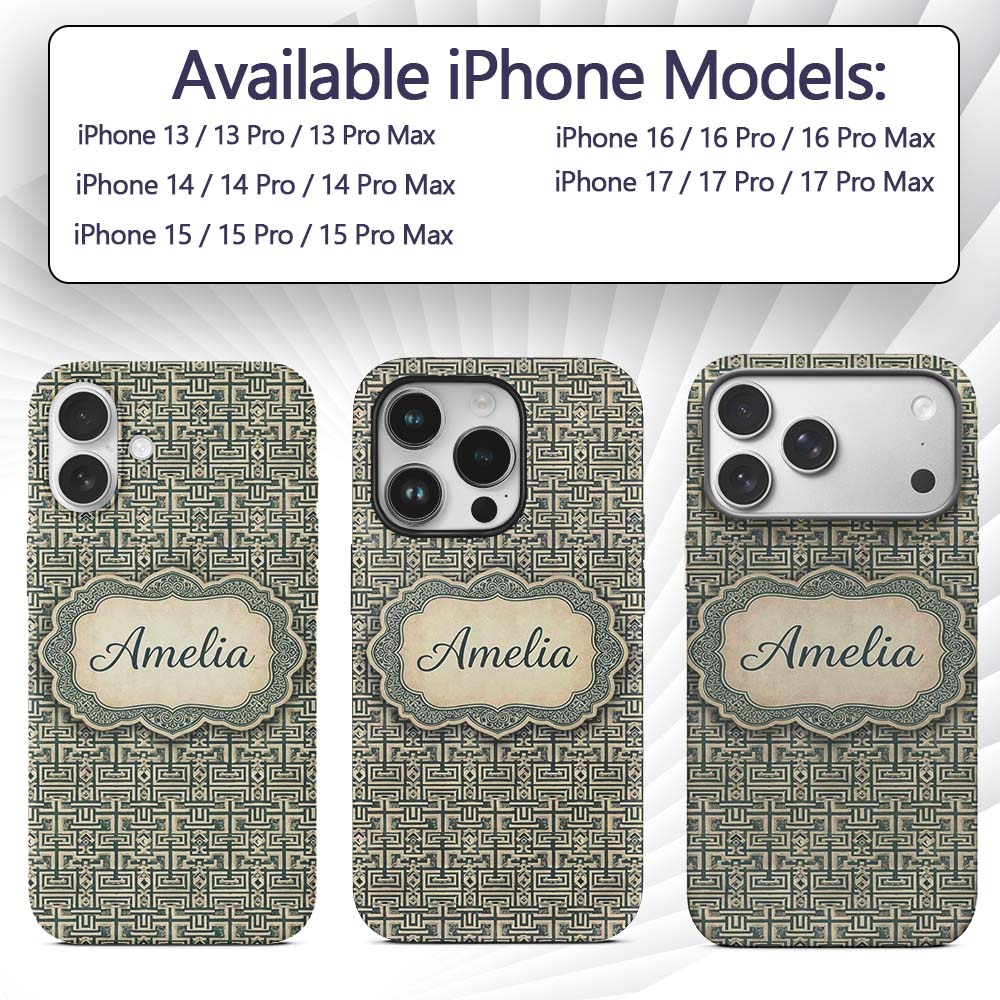 Muted Teal Beige Tribal Geometric Maze Seamless Custom Name Protective Phone Case Mobile Cover Durable Everyday Smartphone Shock Resistant