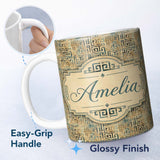 Personalized Custom Name Distressed Beige Teal Grunge Maze Seamless Pattern Name Cute Unique 11oz Ceramic Coffee Tea Mug White Large Handle