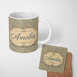 Personalized Custom Name Soft Beige Teal Minimal Square Geometric Seamless Pattern Custom 11oz Ceramic Coffee Tea Mug White Large Handle