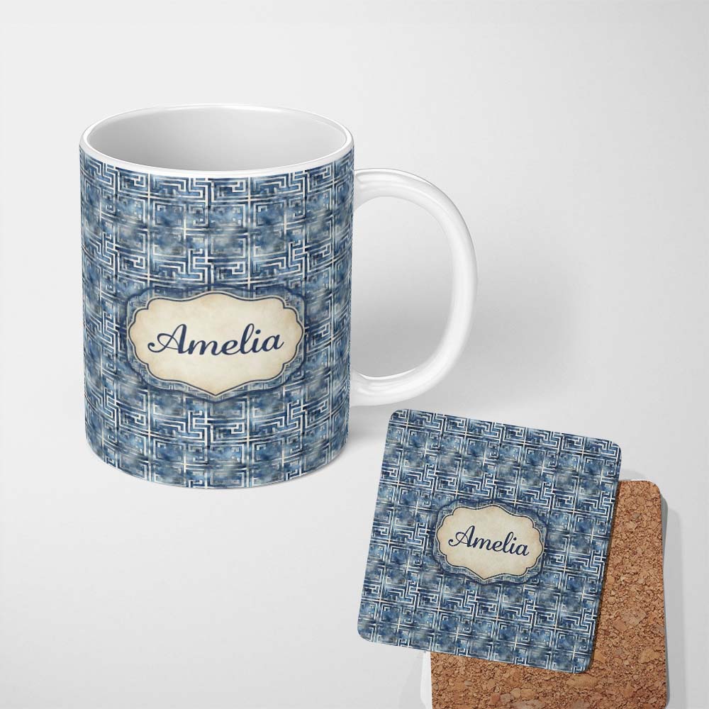 Personalized Custom Name Blue Watercolour Abstract Square Maze Seamless Pattern Name Cute 11oz Ceramic Coffee Tea Mug White Large Handle