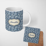 Personalized Custom Name Blue Watercolour Abstract Square Maze Seamless Pattern Name Cute 11oz Ceramic Coffee Tea Mug White Large Handle