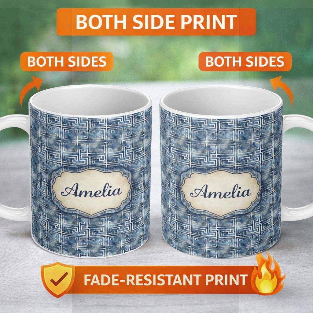 Personalized Custom Name Blue Watercolour Abstract Square Maze Seamless Pattern Name Cute 11oz Ceramic Coffee Tea Mug White Large Handle