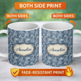 Personalized Custom Name Blue Watercolour Abstract Square Maze Seamless Pattern Name Cute 11oz Ceramic Coffee Tea Mug White Large Handle