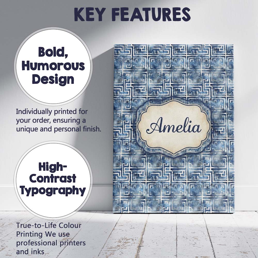 Personalised Name Blue Watercolour Abstract Custom  Bespoke Interior Contemporary Canvas Wall Art Print Decor Picture Ready to Hang